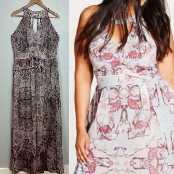 City Chic Purple /Grey Halter Keyhole Maxi Dress Sz 14 - Picture 1 of 15